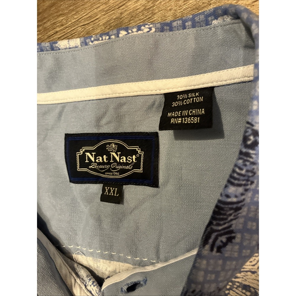Nat Nast Men's XXL Blue Geometric Button-Up Short Sleeve Pocket Silk Shirt - Picture 2 of 7